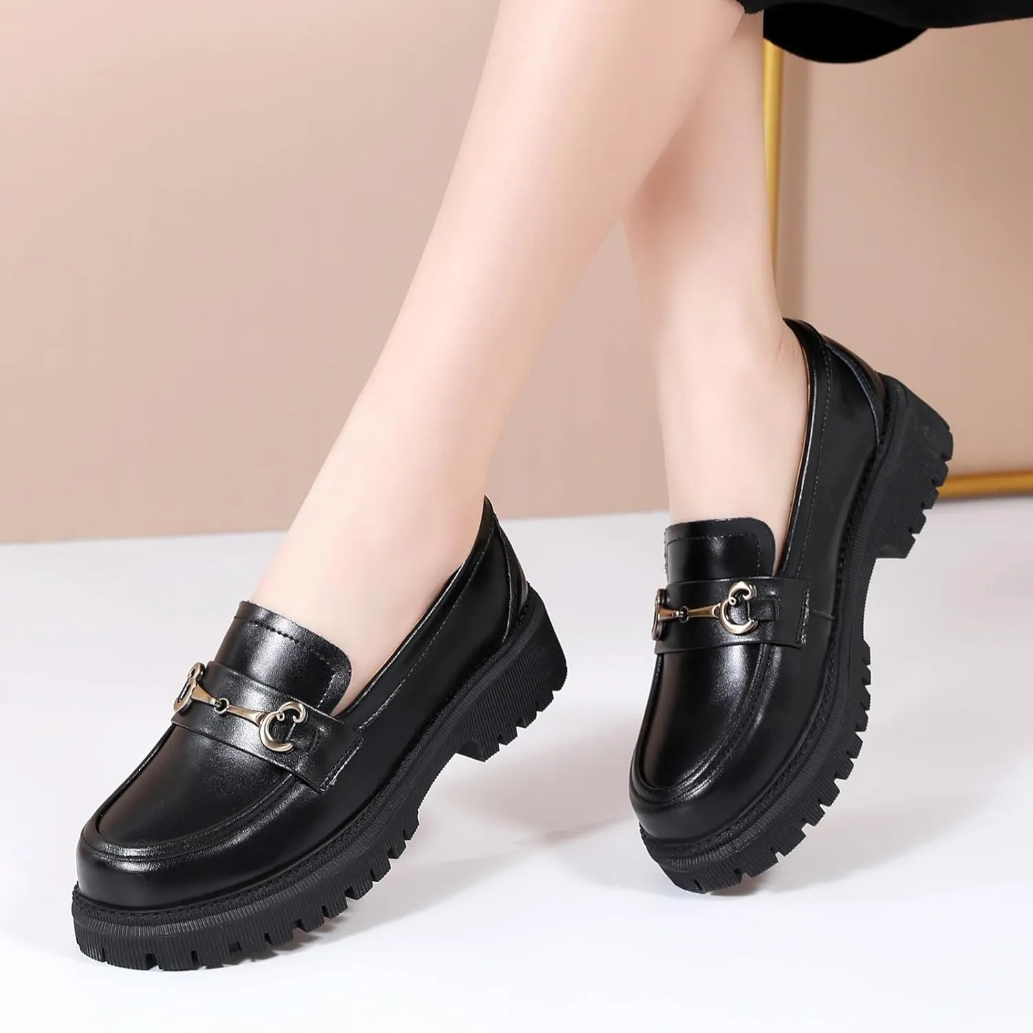 OKJ Black Loafers for Women Chunky Women's Loafers & Slip-ons Penny Comfort Shoes Metal Chain Dressy Office Work Slip on Platform Loafers for Womens Ladies Shoes