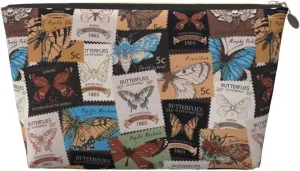 Old Postage Stamps With Butterflies Retro Small Makeup Bag For Purse,Leather Cosmetic Bags For Girls Women Zipper Travel Toiletry Pouch Makeup Bags