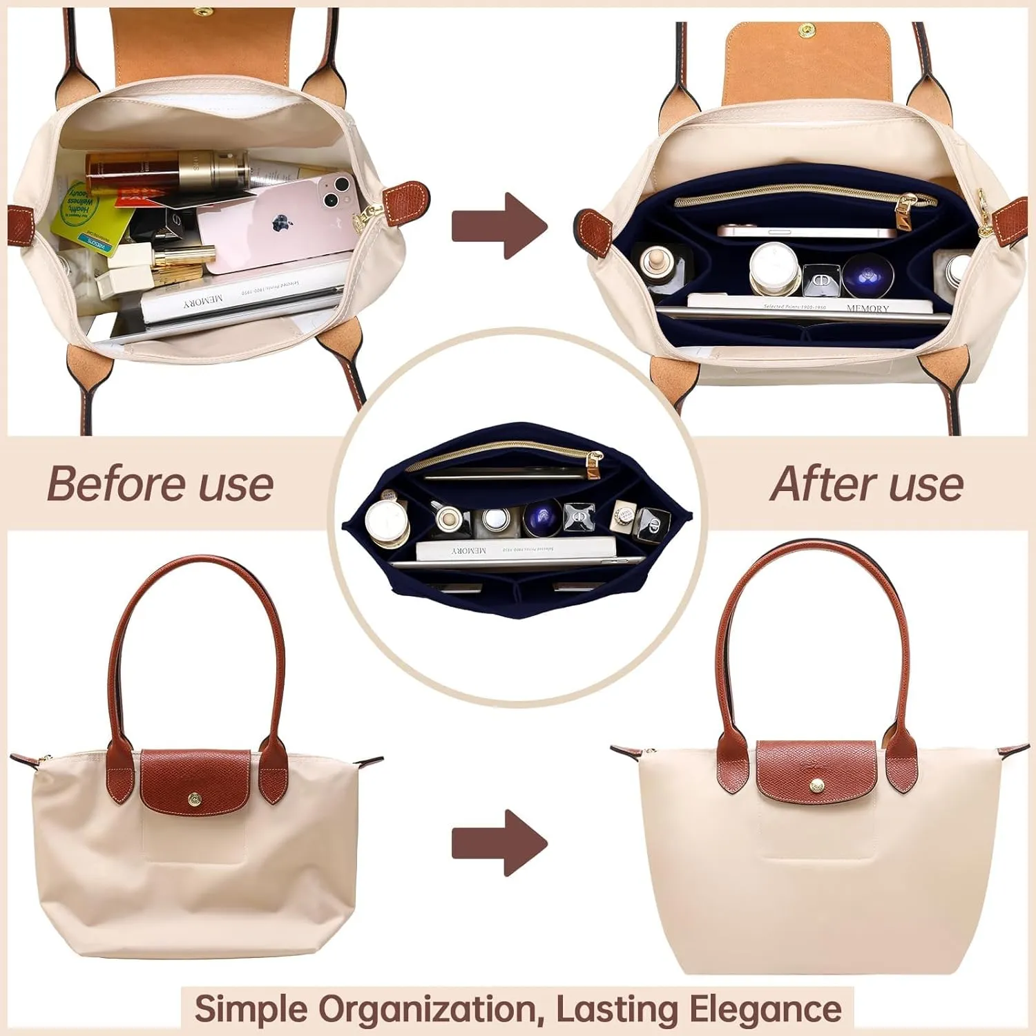 OPPOSHE Purse Organizer Insert for Longchamp Le Pliage, Premium Felt Long Champ Bag Handbag Women, Tote Organizer Insert with 9 Compartments (Large, Navy)