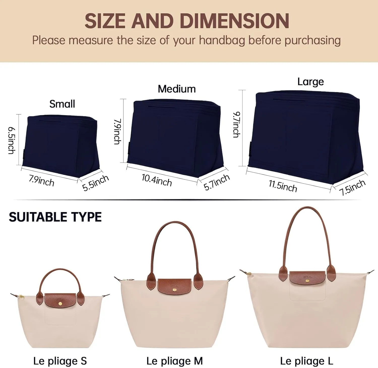 OPPOSHE Purse Organizer Insert for Longchamp Le Pliage, Premium Felt Long Champ Bag Handbag Women, Tote Organizer Insert with 9 Compartments (Large, Navy)