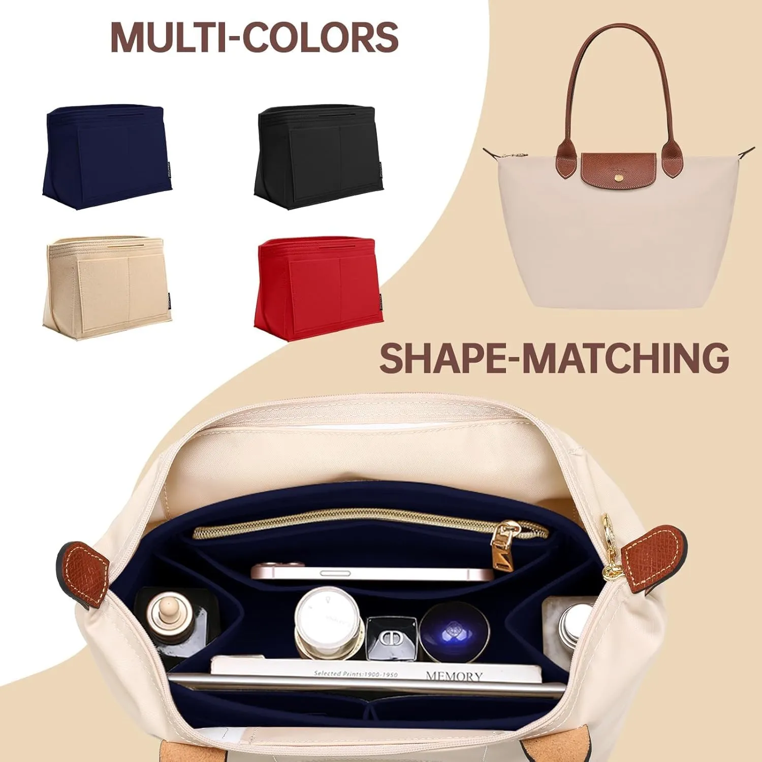 OPPOSHE Purse Organizer Insert for Longchamp Le Pliage, Premium Felt Long Champ Bag Handbag Women, Tote Organizer Insert with 9 Compartments (Large, Navy)