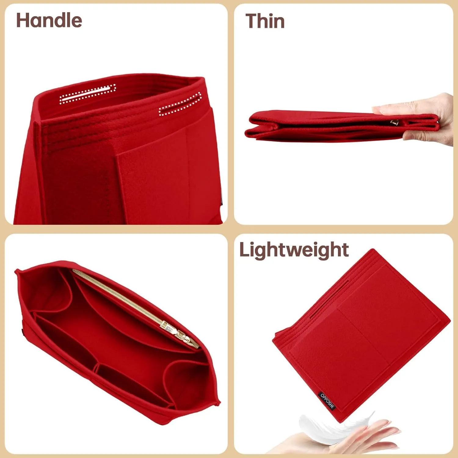 OPPOSHE Purse Organizer Insert for Longchamp Le Pliage, Premium Felt Long Champ Bag Handbag Women, Tote Organizer Insert with 9 Compartments (Large, Red)