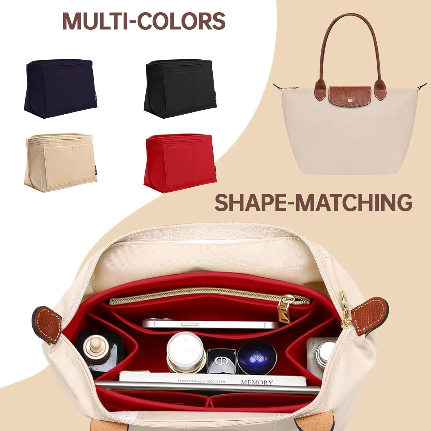 OPPOSHE Purse Organizer Insert for Longchamp Le Pliage, Premium Felt Long Champ Bag Handbag Women, Tote Organizer Insert with 9 Compartments (Large, Red)