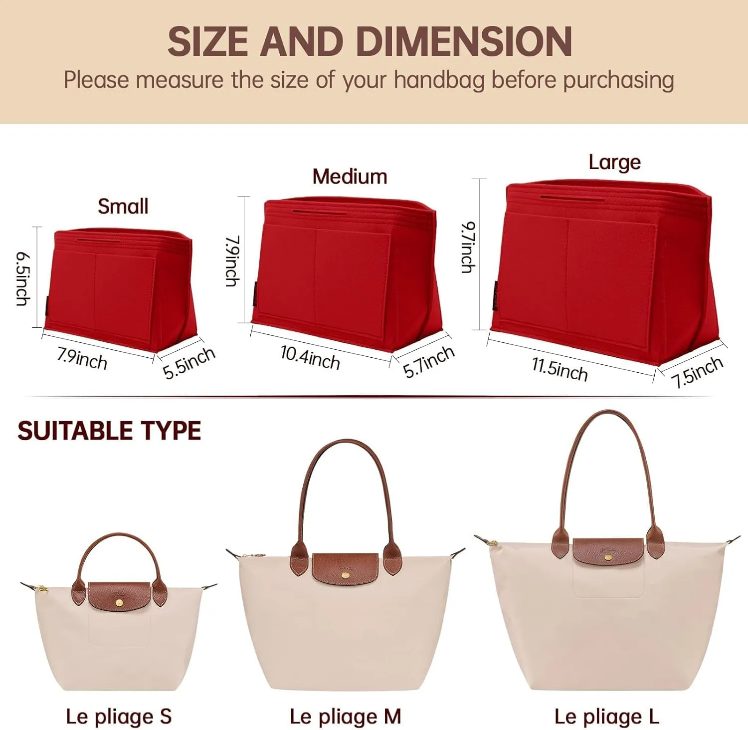 OPPOSHE Purse Organizer Insert for Longchamp Le Pliage, Premium Felt Long Champ Bag Handbag Women, Tote Organizer Insert with 9 Compartments (Large, Red)