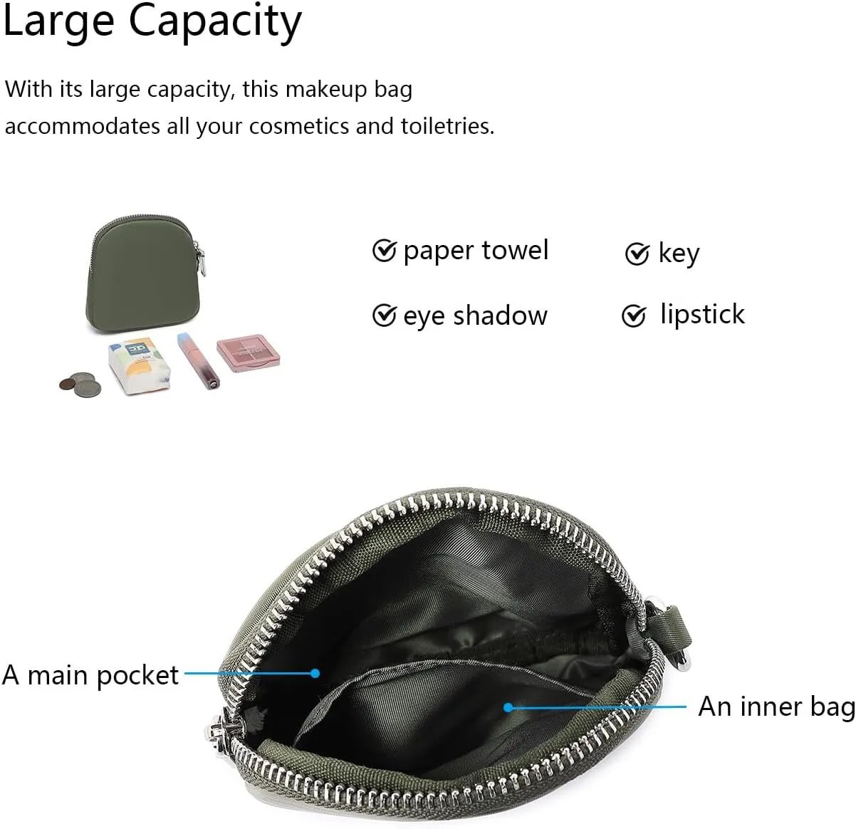 Organizer Bag Makeup Bag for Purse Travel Toiletry Pouch Zipper Pouch for Purse Small Makeup Pouch with Pockets Wristband design (black-nylon)…