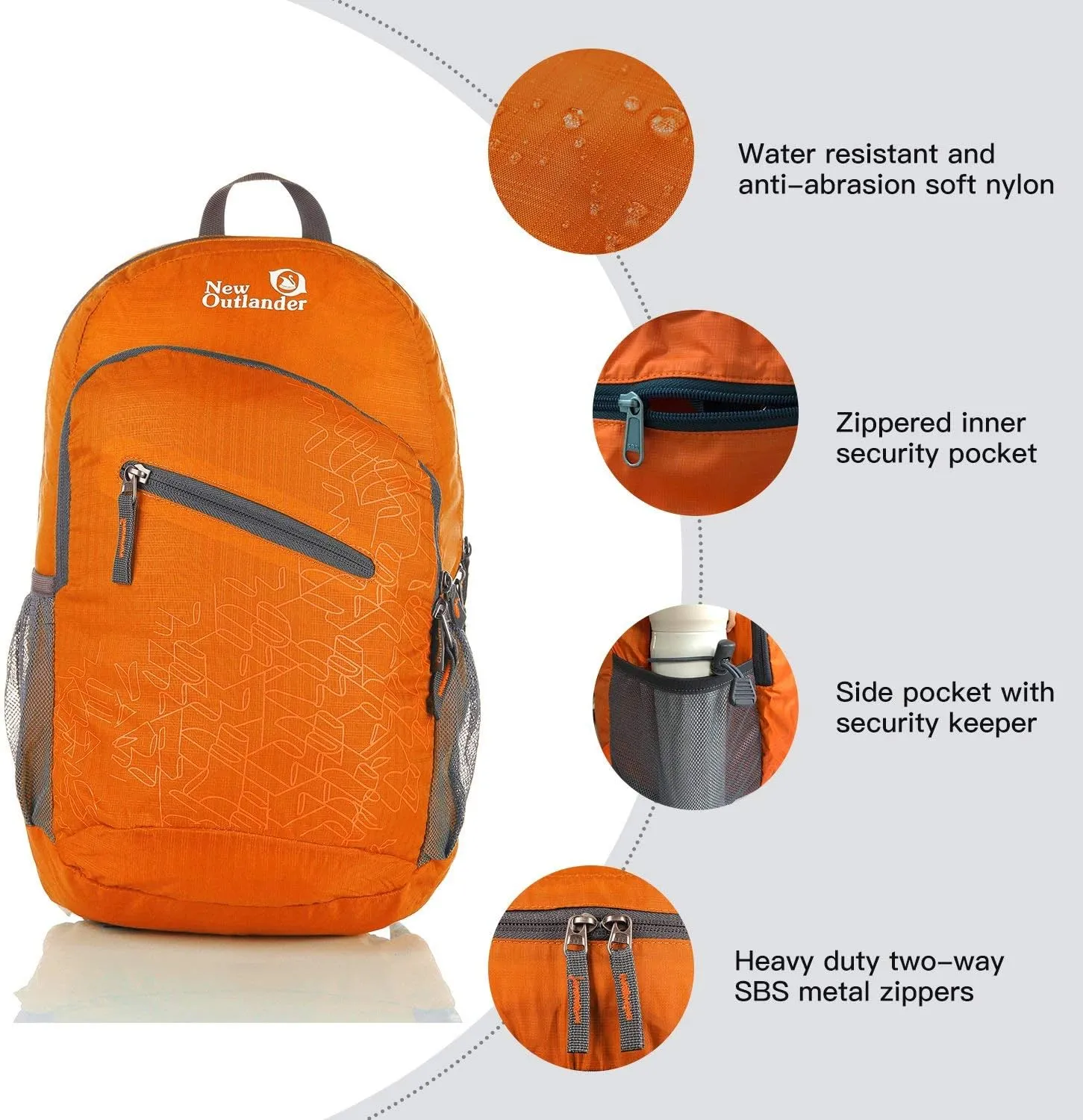 Outlander Packable Handy Lightweight Travel Hiking Backpack Daypack-Orange-L