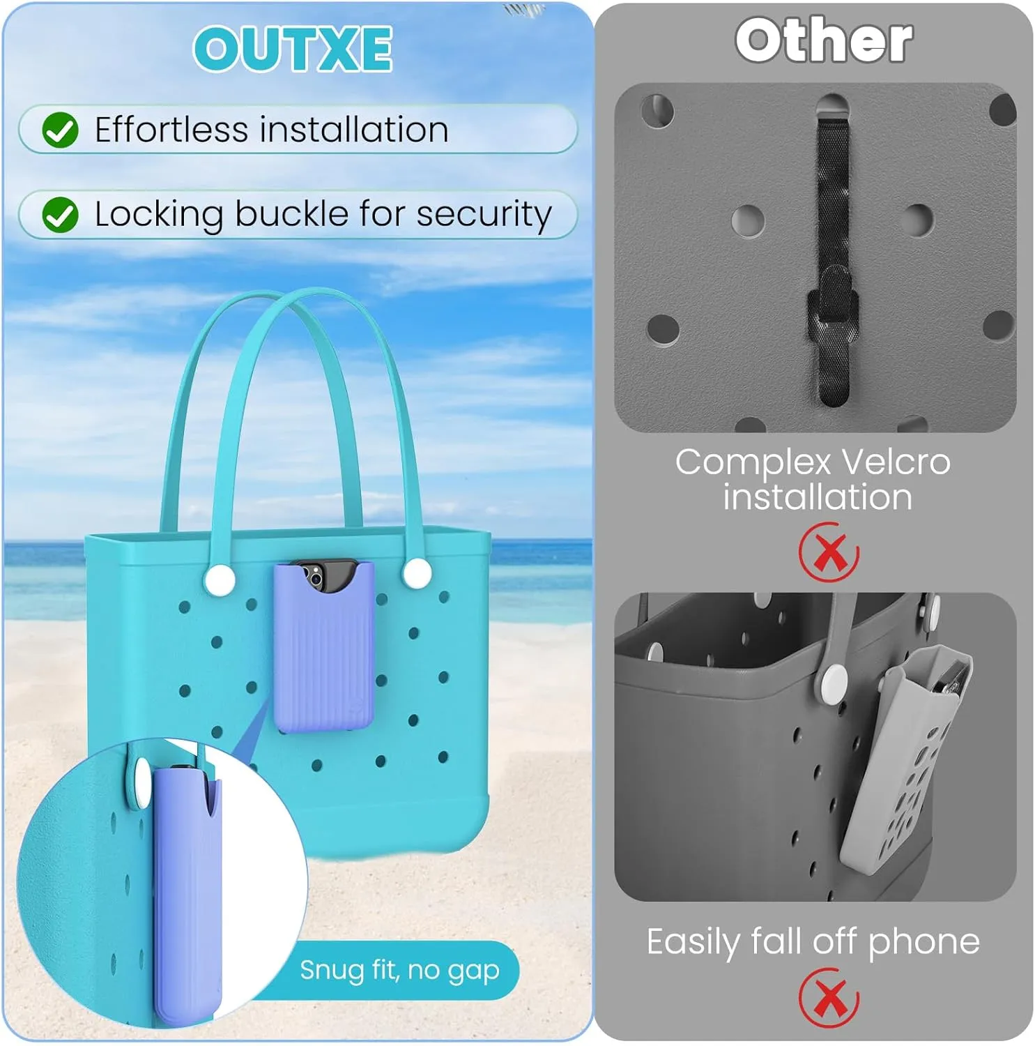 OUTXE Phone Holder for Bogg Bag, Cell Phone Holder Insert Accessory with Locking Buckle Compatible with L/XL/Original/Baby Bogg & Simple Modern Bag, No More Digging for Smartphone (Carolina Blue)