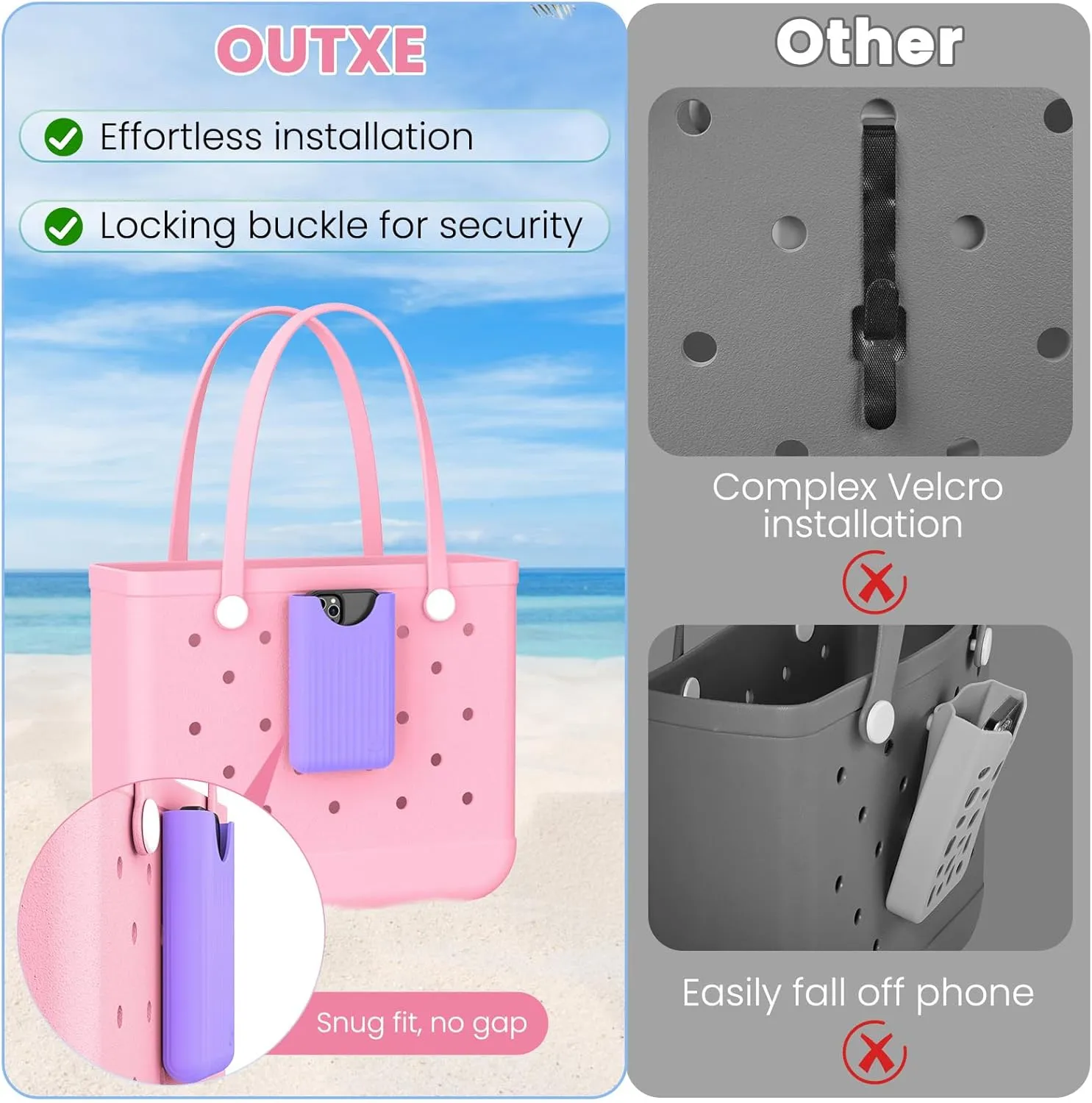 OUTXE Phone Holder for Bogg Bag, Cell Phone Holder Insert Accessory with Locking Buckle Compatible with L/XL/Original/Baby Bogg & Simple Modern Bag, No More Digging for Smartphone (Lilac Purple)