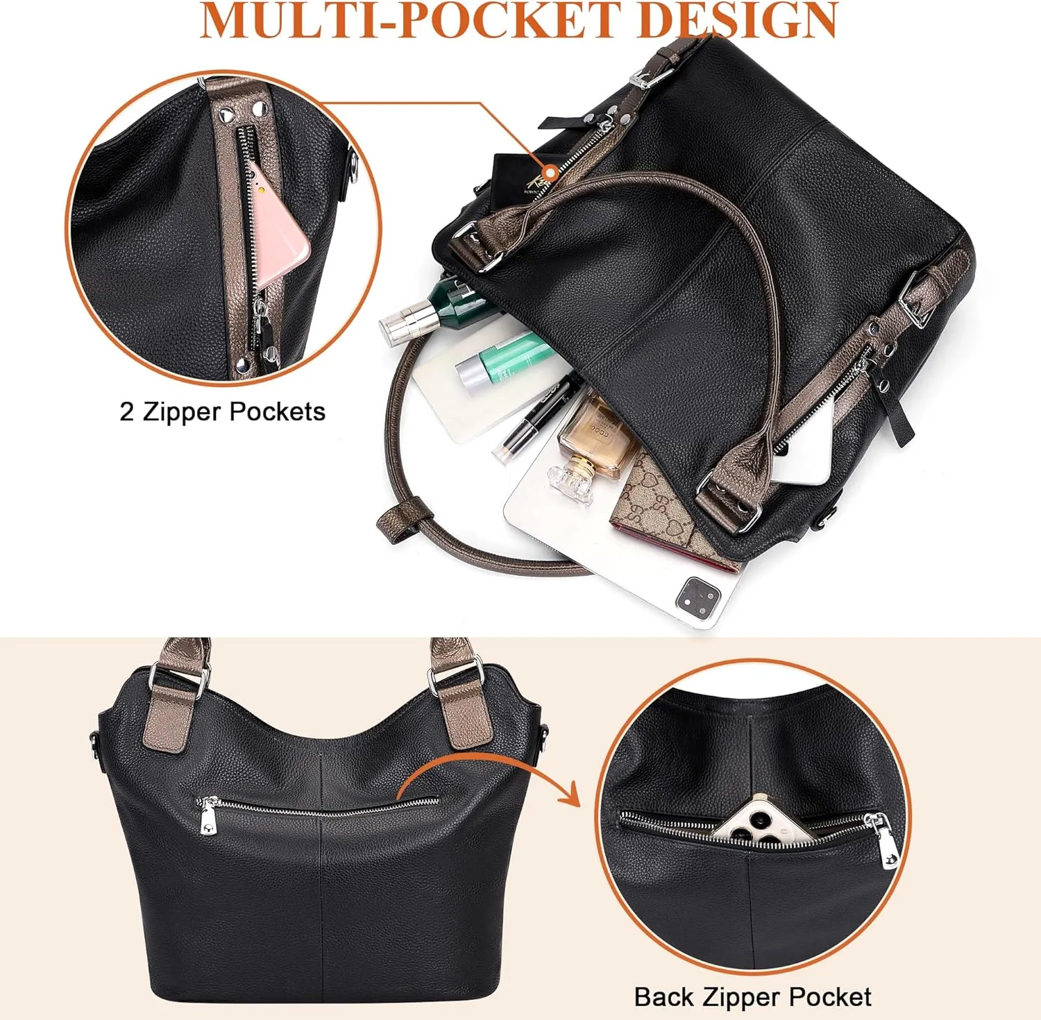 Over Earth Genuine Leather Handbags for Women Hobo Shoulder Bags Ladies Tote Bag