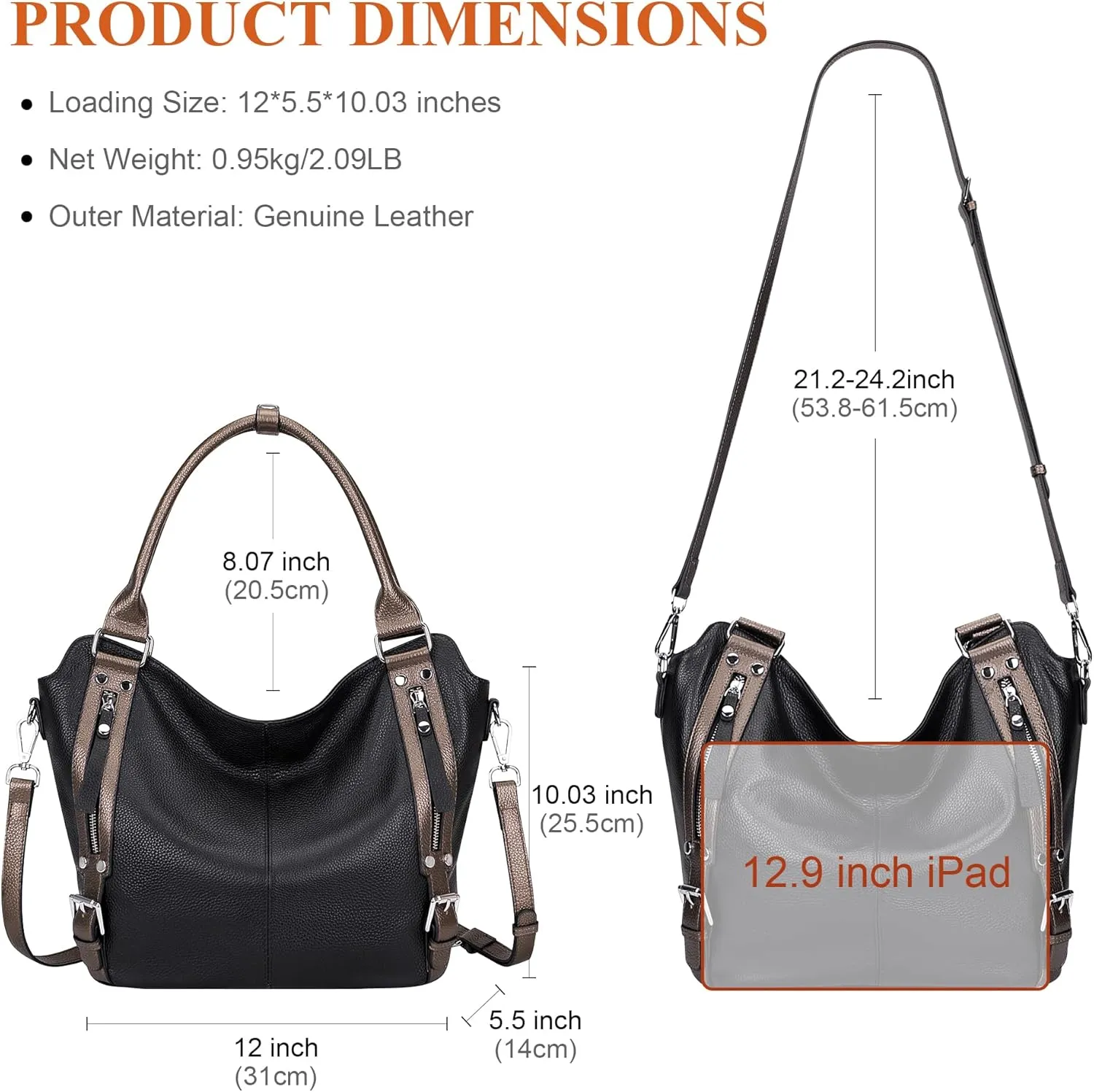 Over Earth Genuine Leather Handbags for Women Hobo Shoulder Bags Ladies Tote Bag