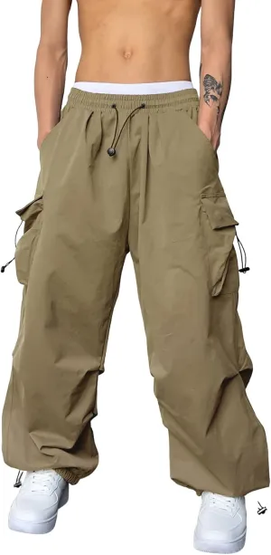 OYOANGLE Men's Cargo Pants Elastic Waist Flap Pockets Hip Hop Baggy Harem Pants