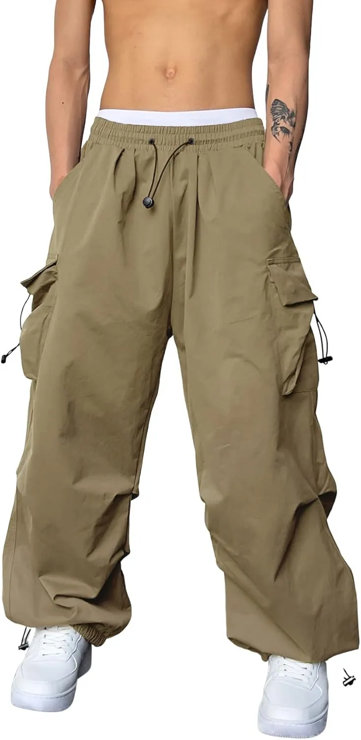 OYOANGLE Men's Cargo Pants Elastic Waist Flap Pockets Hip Hop Baggy Harem Pants