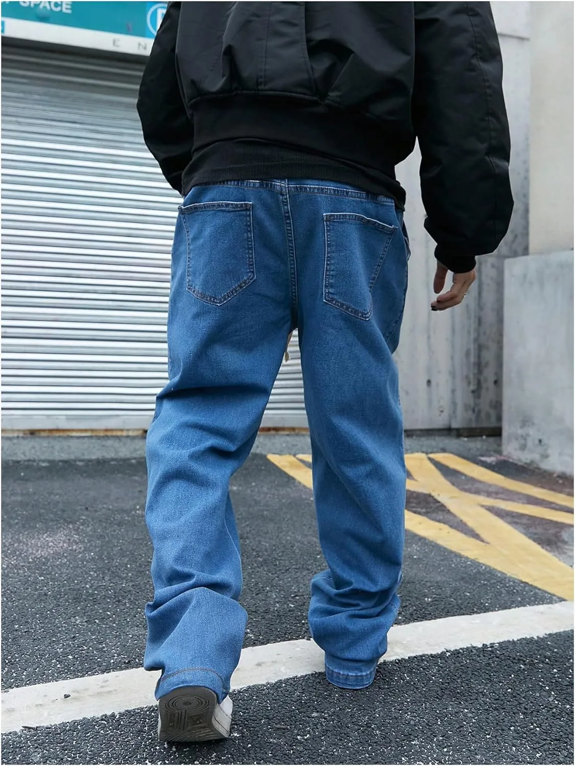 OYOANGLE Men's Drawstring Elastic Waist Wide Leg Cargo Jeans Baggy Casual Denim Pants with Pockets