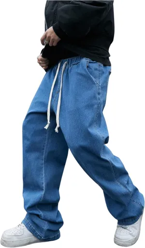 OYOANGLE Men's Drawstring Elastic Waist Wide Leg Cargo Jeans Baggy Casual Denim Pants with Pockets