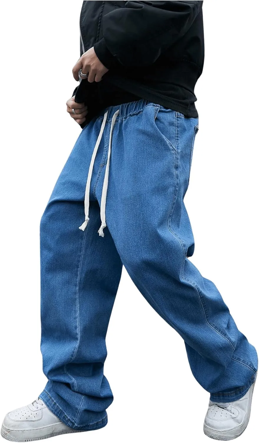 OYOANGLE Men's Drawstring Elastic Waist Wide Leg Cargo Jeans Baggy Casual Denim Pants with Pockets