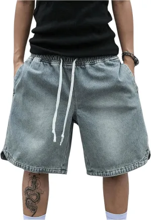 OYOANGLE Men's Vintage Denim Shorts Baggy Jean Shorts Elastic Drawstring Waist Baggy Jorts Streetwear