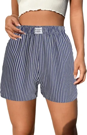 OYOANGLE Women's Summer Casual Striped Print Elastic Waist Mid Rise Straight Leg Shorts