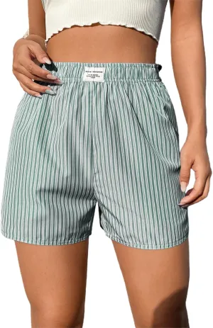 OYOANGLE Women's Summer Casual Striped Print Elastic Waist Mid Rise Straight Leg Shorts