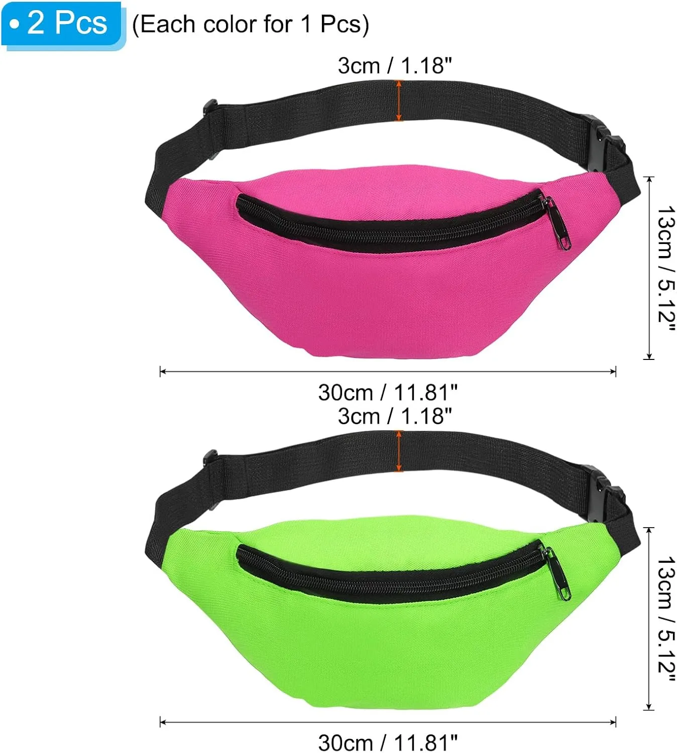 PATIKIL 80s Fanny Pack for Women, 2 Pack Adjustable Waist Bag 90s Fanny Pack for Party, Running, Pink, Green