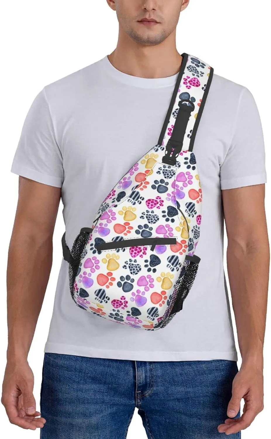 Paw Print Sling Bag Crossbody Backpack Seamless Pattern with Watercolor Animals Footprints Colored Dog Paw Print Travel Hiking Daypack Cute Animal Claws Chest Bag Shoulder Bag for Women Men