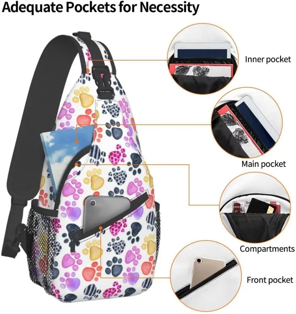 Paw Print Sling Bag Crossbody Backpack Seamless Pattern with Watercolor Animals Footprints Colored Dog Paw Print Travel Hiking Daypack Cute Animal Claws Chest Bag Shoulder Bag for Women Men