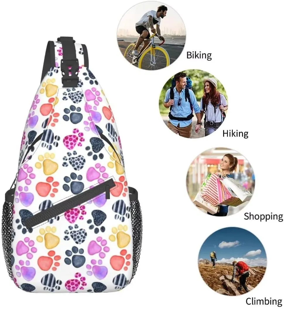 Paw Print Sling Bag Crossbody Backpack Seamless Pattern with Watercolor Animals Footprints Colored Dog Paw Print Travel Hiking Daypack Cute Animal Claws Chest Bag Shoulder Bag for Women Men