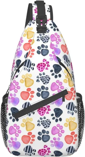 Paw Print Sling Bag Crossbody Backpack Seamless Pattern with Watercolor Animals Footprints Colored Dog Paw Print Travel Hiking Daypack Cute Animal Claws Chest Bag Shoulder Bag for Women Men
