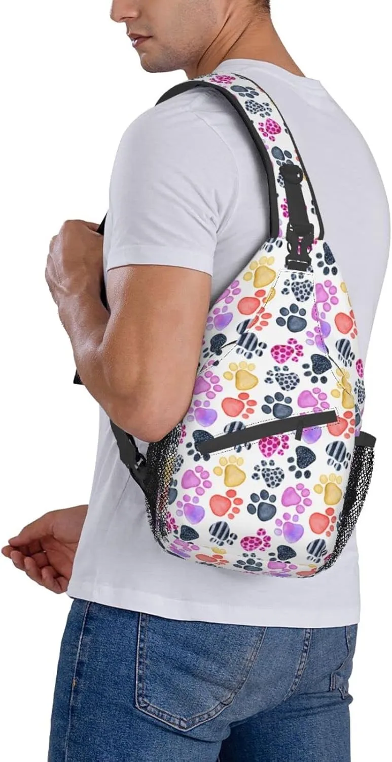 Paw Print Sling Bag Crossbody Backpack Seamless Pattern with Watercolor Animals Footprints Colored Dog Paw Print Travel Hiking Daypack Cute Animal Claws Chest Bag Shoulder Bag for Women Men