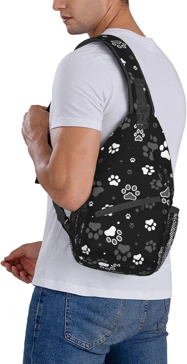Paw Print Sling Bag Crossbody Backpack,Dog Paw Print and Star on Black Background Chest Bag Adjustable Casual Shoulder Backpack Cute Animal Footprint Travel Hiking Daypack