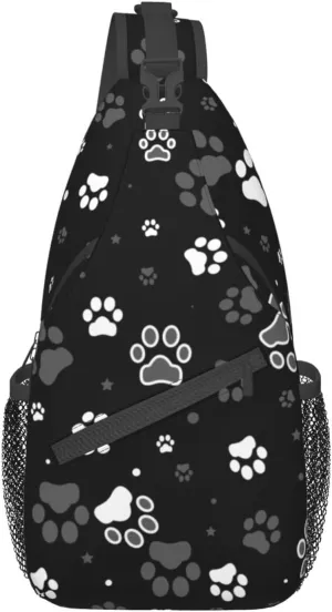Paw Print Sling Bag Crossbody Backpack,Dog Paw Print and Star on Black Background Chest Bag Adjustable Casual Shoulder Backpack Cute Animal Footprint Travel Hiking Daypack