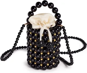 Pearls Purses Beaded Clutches Bucket Handbag Women's Small Handmade Bags with Detachable Chain And Inner Bag