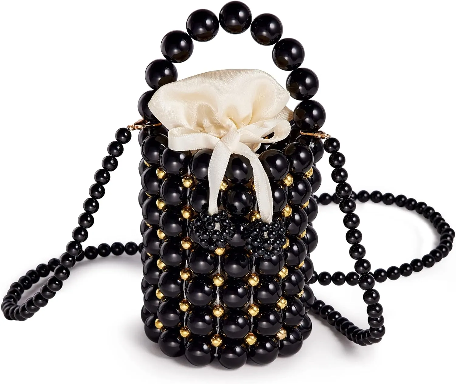 Pearls Purses Beaded Clutches Bucket Handbag Women's Small Handmade Bags with Detachable Chain And Inner Bag