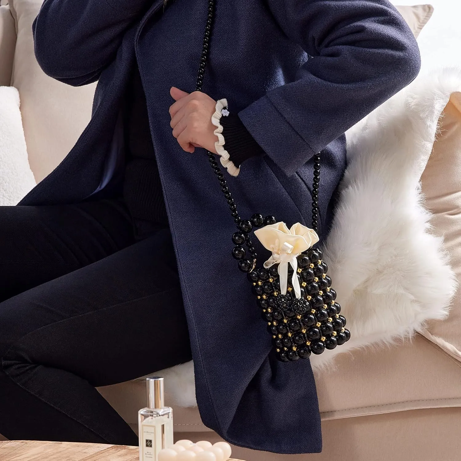 Pearls Purses Beaded Clutches Bucket Handbag Women's Small Handmade Bags with Detachable Chain And Inner Bag