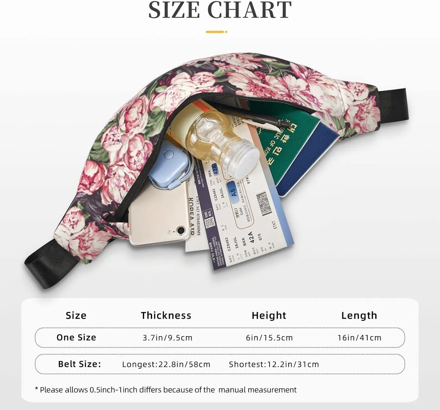 Peony Artwork Hand Drawn Paint_å‰¯æœ¬ Large Crossbody Fanny Pack Belt Bag With 3 Zipper Pockets, Gifts For Sports Festival Workout Traveling Running Casual Hands Free Waist Pack Wallets Phone Bag