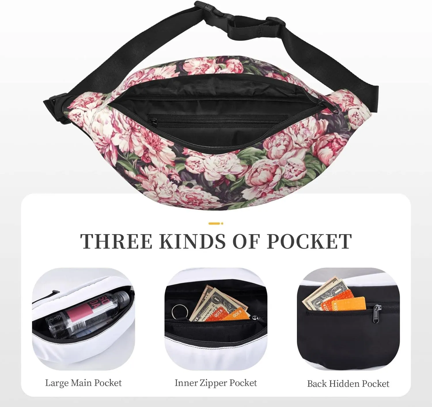Peony Artwork Hand Drawn Paint_å‰¯æœ¬ Large Crossbody Fanny Pack Belt Bag With 3 Zipper Pockets, Gifts For Sports Festival Workout Traveling Running Casual Hands Free Waist Pack Wallets Phone Bag