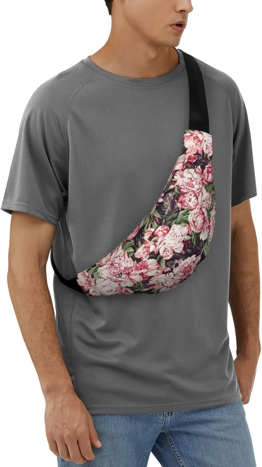 Peony Artwork Hand Drawn Paint_å‰¯æœ¬ Large Crossbody Fanny Pack Belt Bag With 3 Zipper Pockets, Gifts For Sports Festival Workout Traveling Running Casual Hands Free Waist Pack Wallets Phone Bag