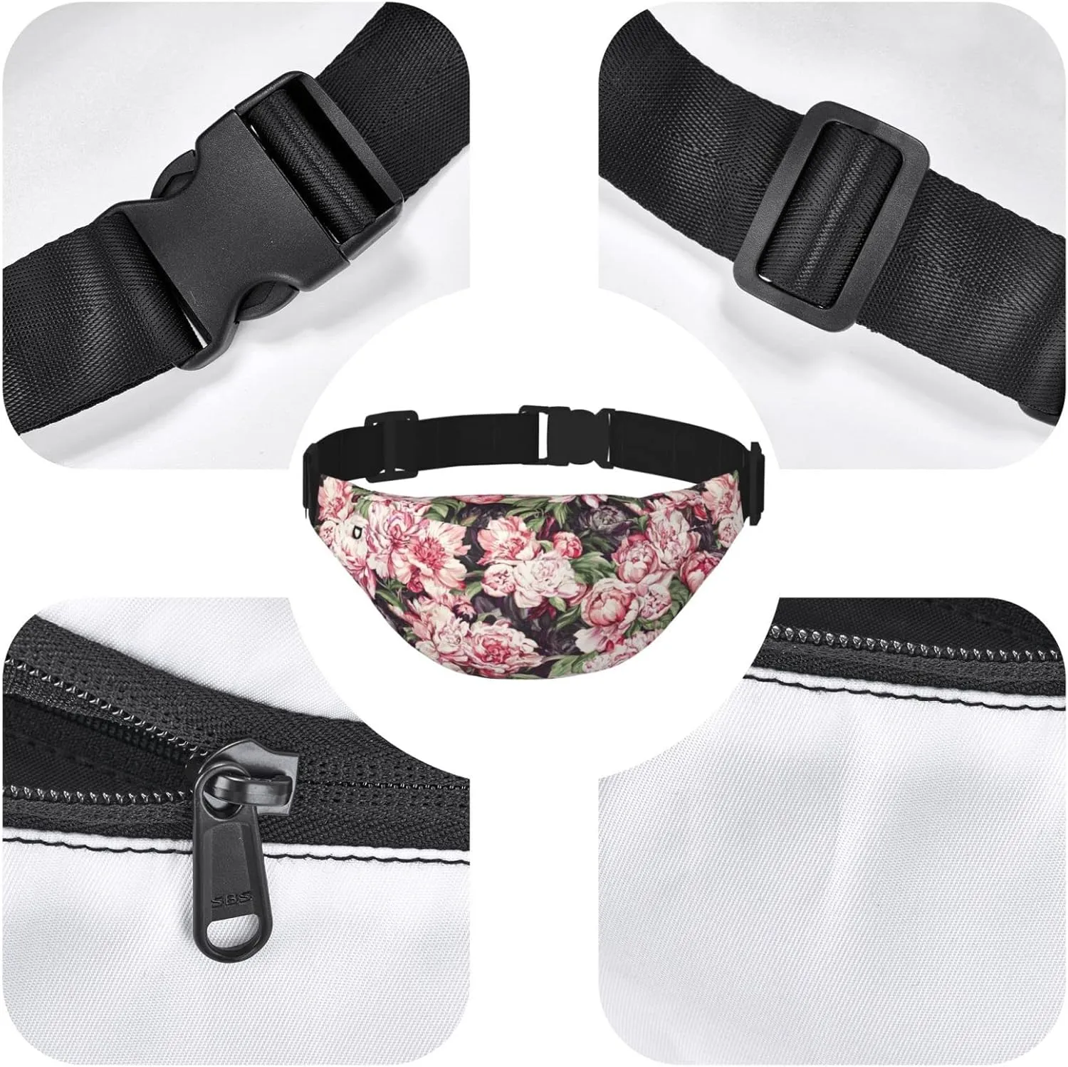 Peony Artwork Hand Drawn Paint_å‰¯æœ¬ Large Crossbody Fanny Pack Belt Bag With 3 Zipper Pockets, Gifts For Sports Festival Workout Traveling Running Casual Hands Free Waist Pack Wallets Phone Bag