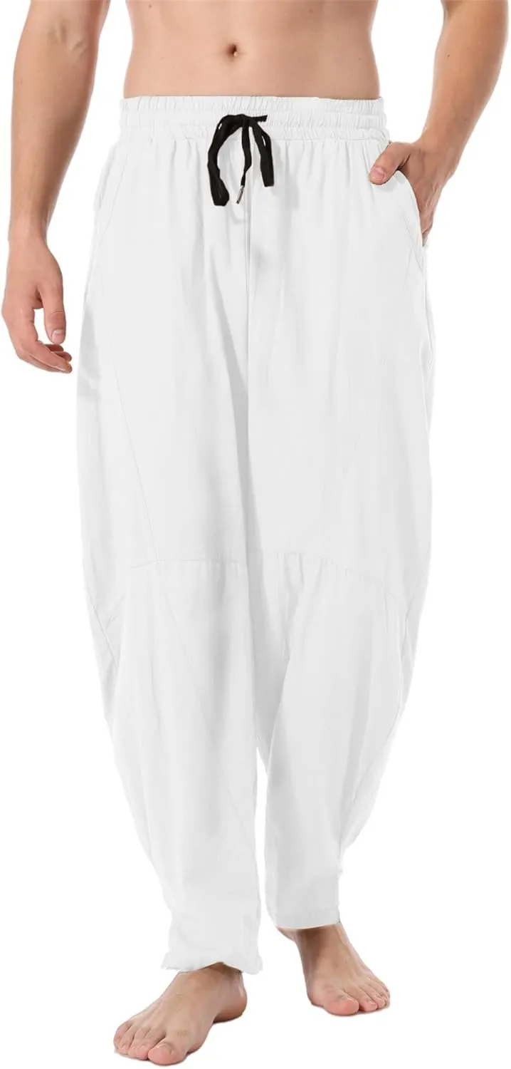 perdontoo Men's Linen Cotton Loose Fit Casual Lightweight Elastic Waist Summer Beach Pants
