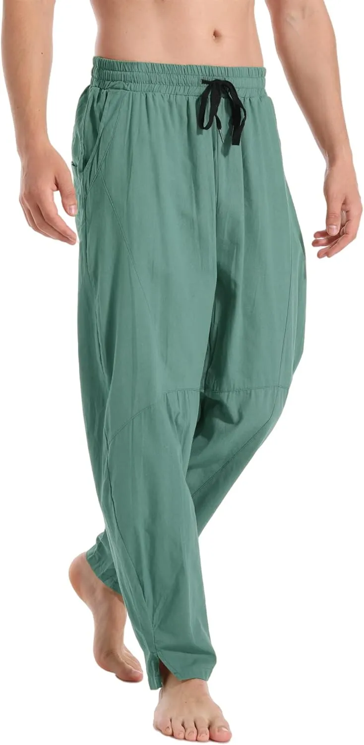 perdontoo Men's Linen Cotton Loose Fit Casual Lightweight Elastic Waist Summer Beach Pants
