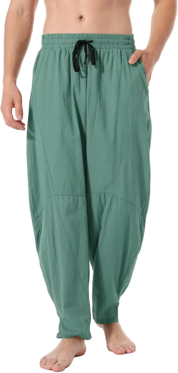 perdontoo Men's Linen Cotton Loose Fit Casual Lightweight Elastic Waist Summer Beach Pants