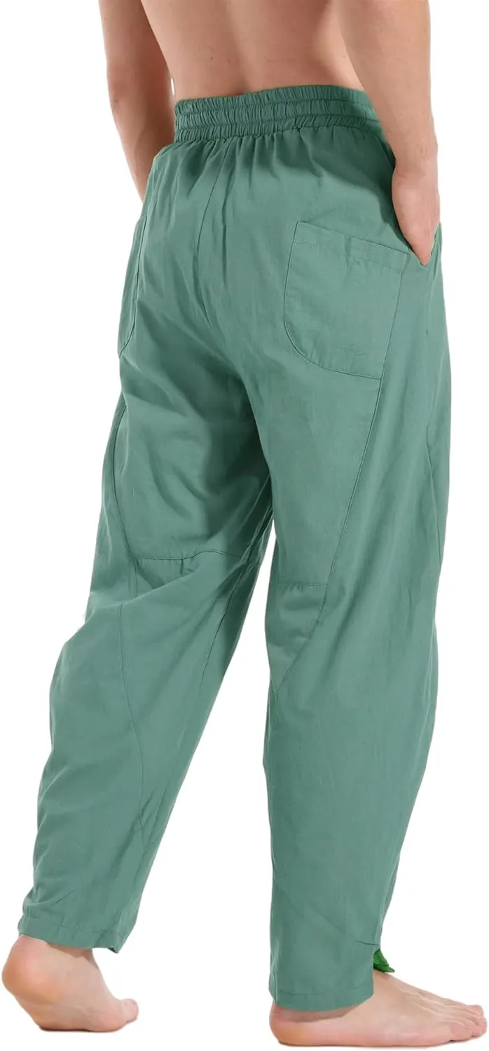 perdontoo Men's Linen Cotton Loose Fit Casual Lightweight Elastic Waist Summer Beach Pants