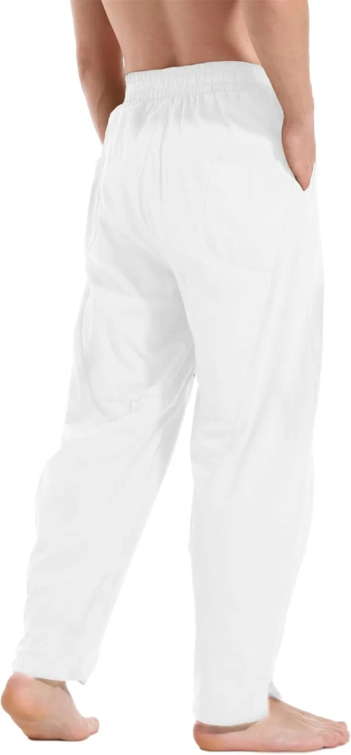 perdontoo Men's Linen Cotton Loose Fit Casual Lightweight Elastic Waist Summer Beach Pants