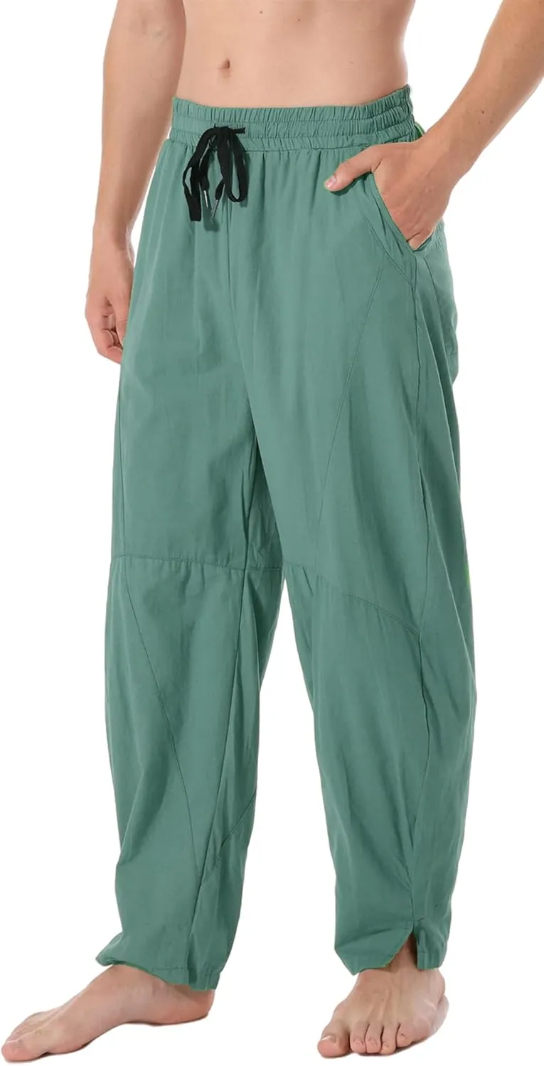 perdontoo Men's Linen Cotton Loose Fit Casual Lightweight Elastic Waist Summer Beach Pants