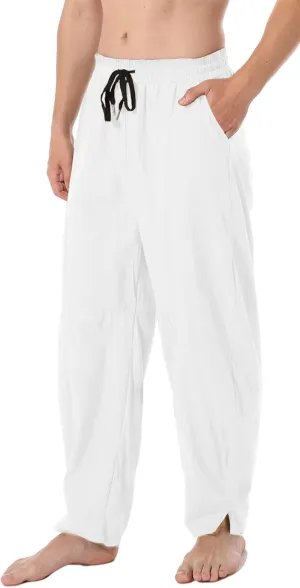 perdontoo Men's Linen Cotton Loose Fit Casual Lightweight Elastic Waist Summer Beach Pants