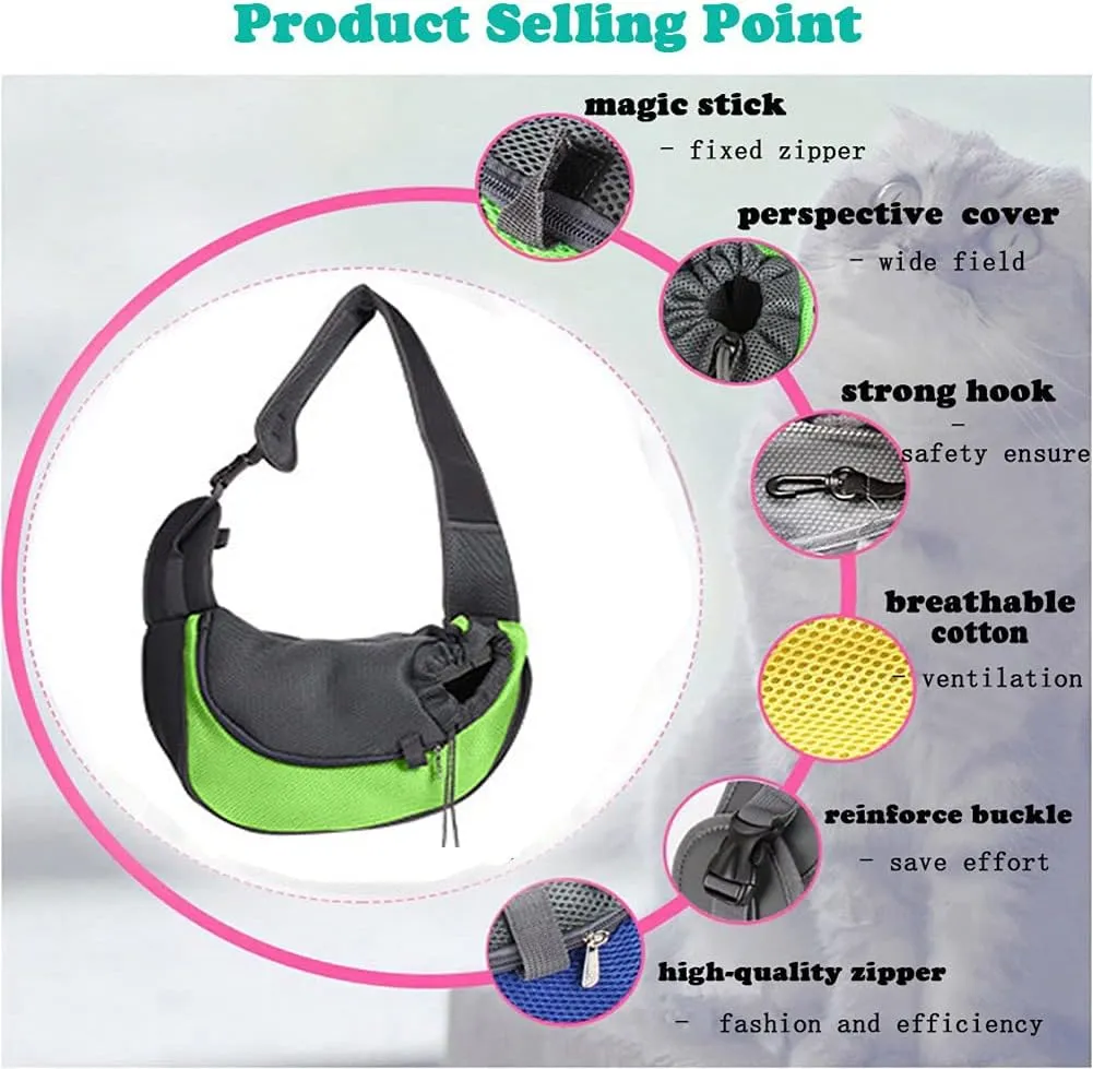Pet Dog Sling Carrier, Breathable Mesh Portable Travel Safe Pet Sling Shoulder Bag Carrier with Adjustable Non-Slip Shoulder Strap for Small Dogs Cats Puppy (Small, Green)