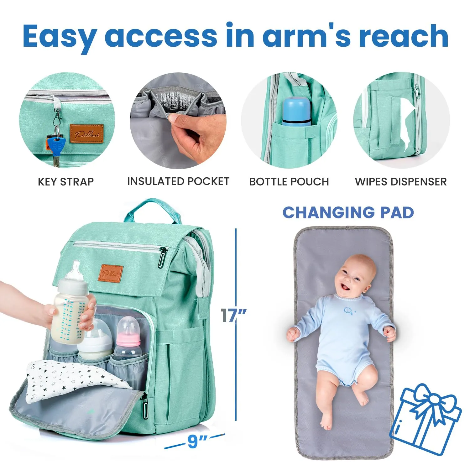 PILLANI Baby Diaper Bag Backpack - Diaper Backpack - Large Bag for Boys & Girls - Waterproof Travel Diaper Bags with Changing Pad - Baby Registry Search & Shower Gifts - Newborn Essentials Must Haves
