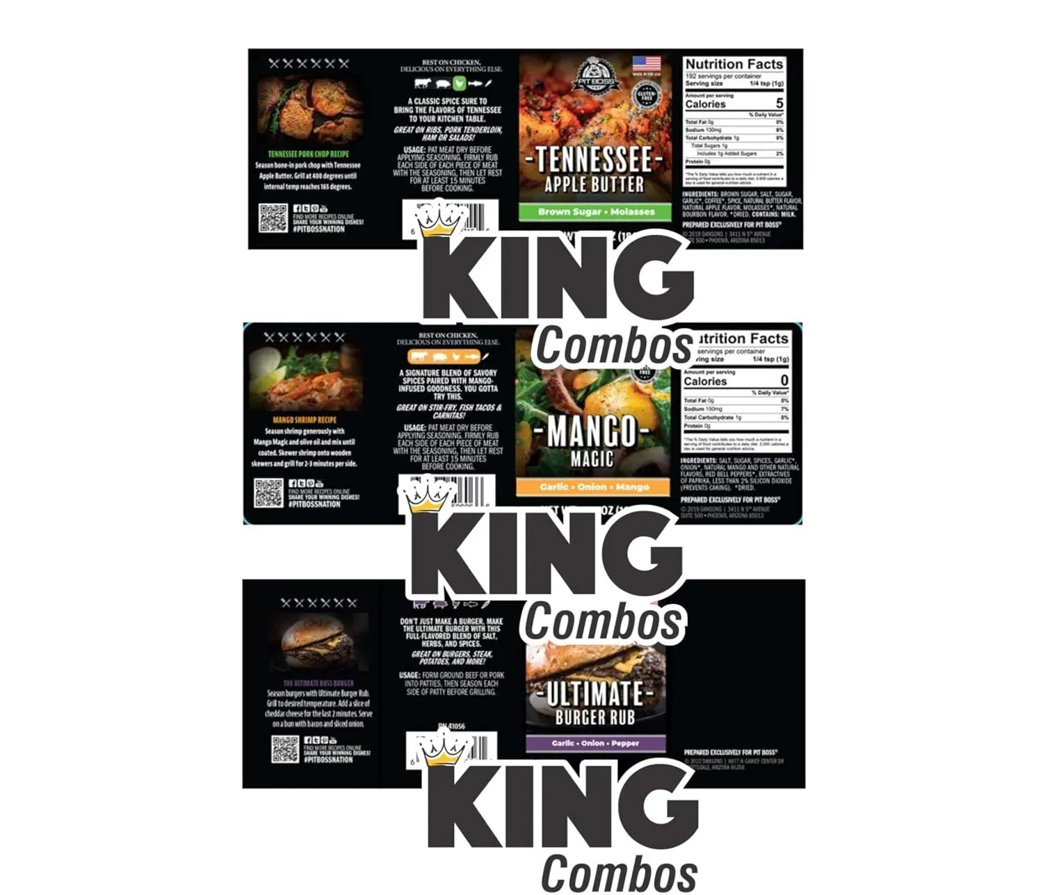 Pit Boss BBQ and Grill Seasoning with the exotic flavors   King Combo QR Code (Tennesse, Mango & Ultimate Burger (1 ea.))