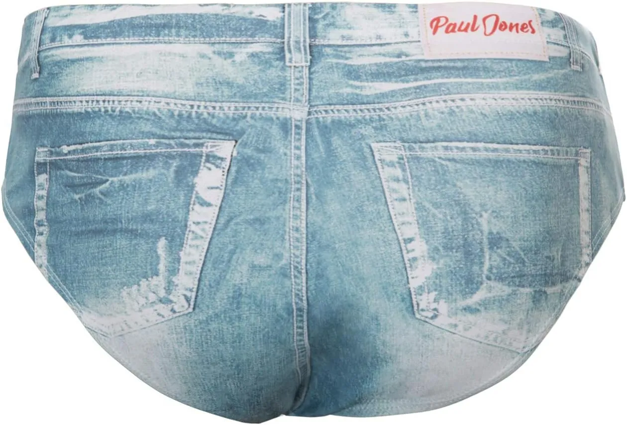PJ PAUL JONES Men's Swim Brief Denim Print Swim Trunks Drawstring Waist Swimsuit Bikini Briefs