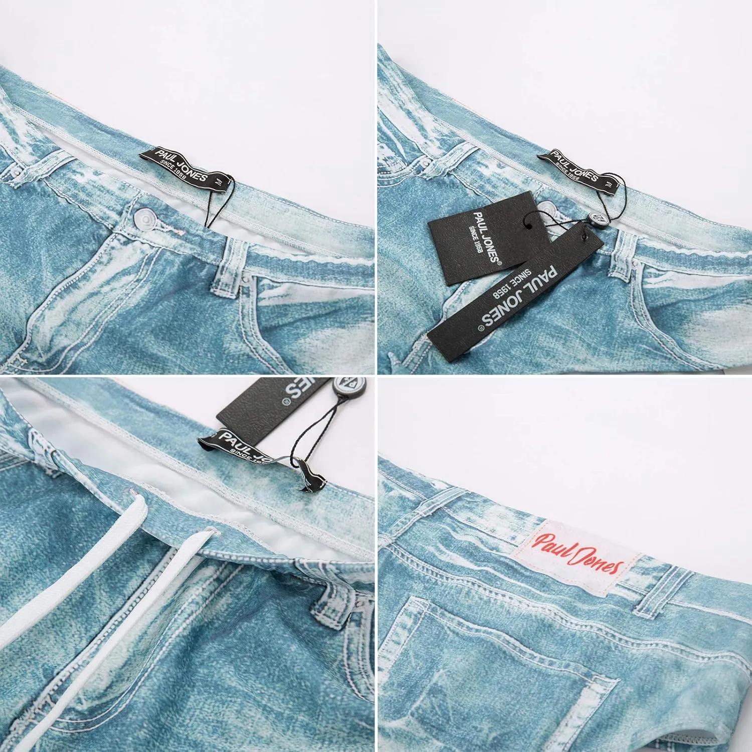 PJ PAUL JONES Men's Swim Brief Denim Print Swim Trunks Drawstring Waist Swimsuit Bikini Briefs