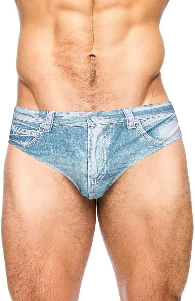 PJ PAUL JONES Men's Swim Brief Denim Print Swim Trunks Drawstring Waist Swimsuit Bikini Briefs